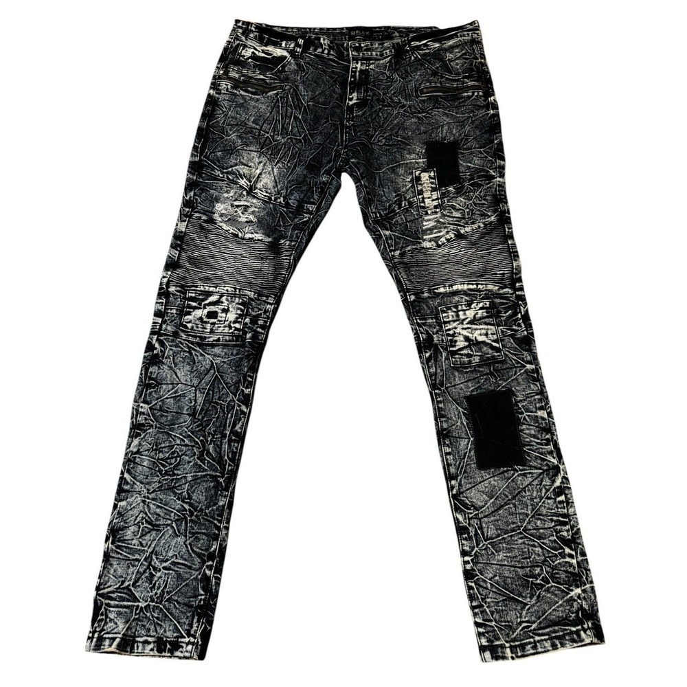 Black Premium Jeans Distressed Moto Biker 40x34 - Picture 2 of 5